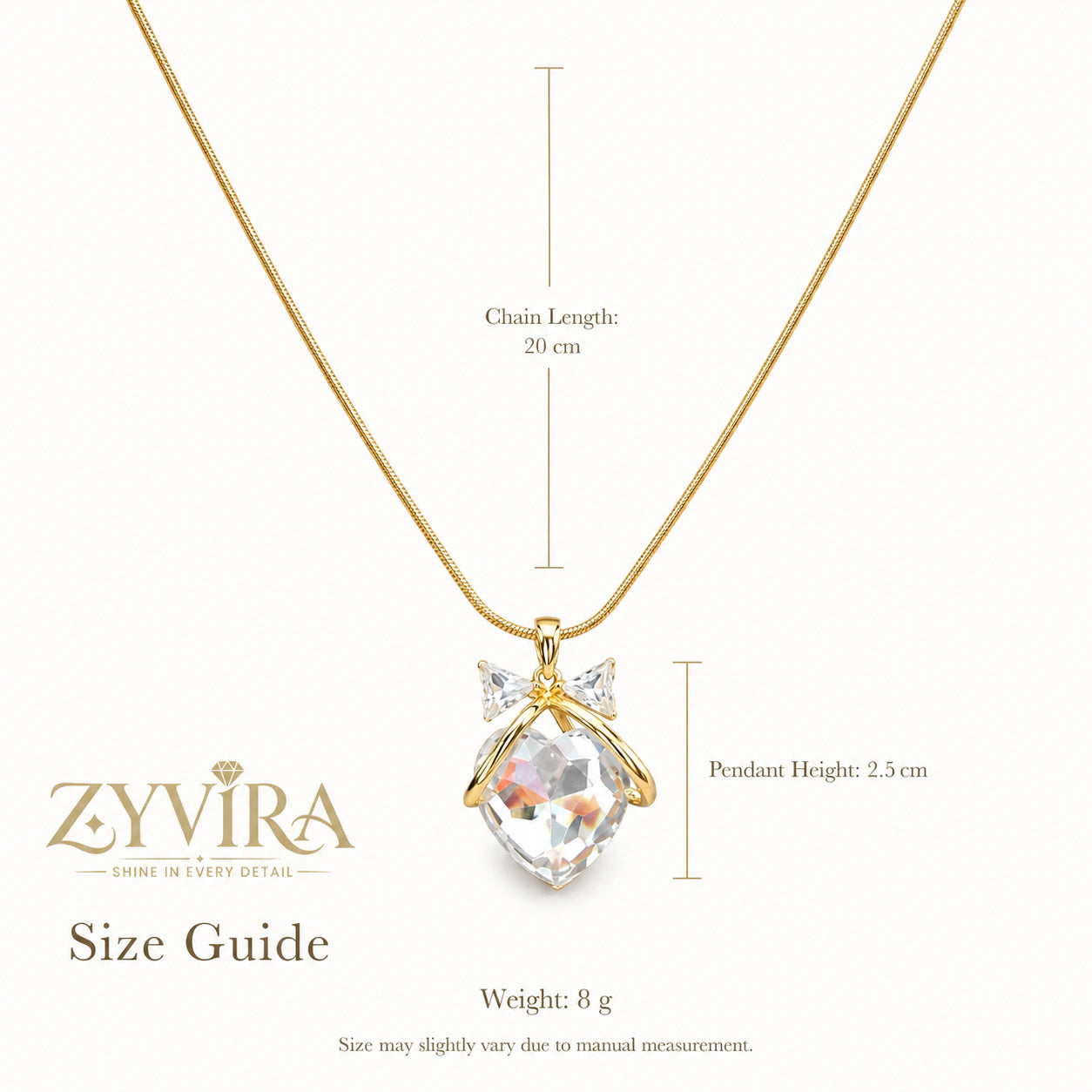 Size guide showing the proportions of the heart bow necklace