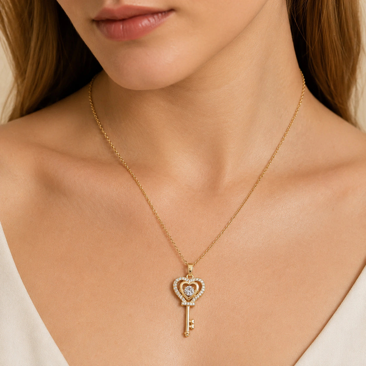 Close-up of the crystal heart and key pendant detailing