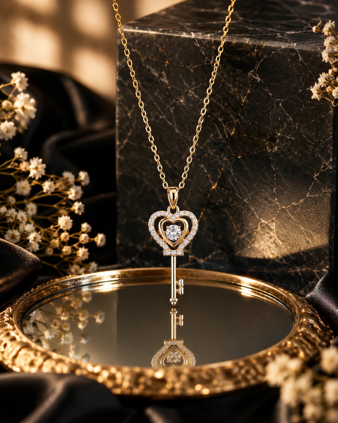 Gold crystal heart key pendant necklace worn by a model