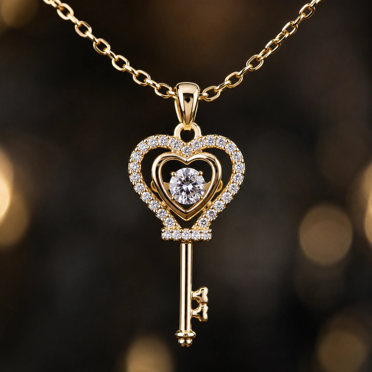 Korean-style gold crystal-style heart key pendant necklace