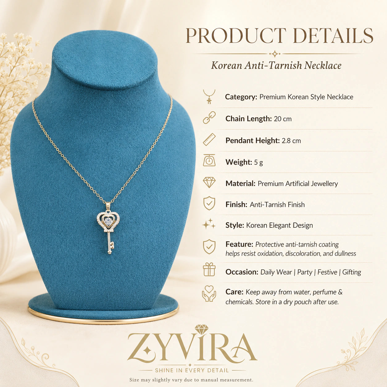 Product details card for the gold crystal heart key necklace