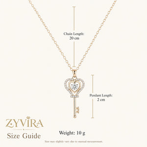 Size guide showing the proportions of the heart key necklace