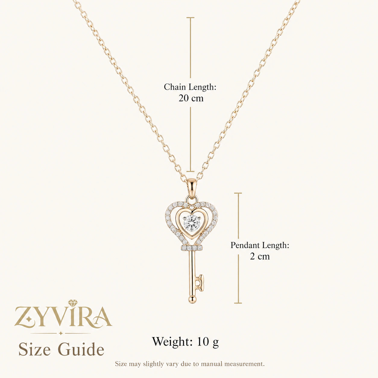Size guide showing the proportions of the heart key necklace