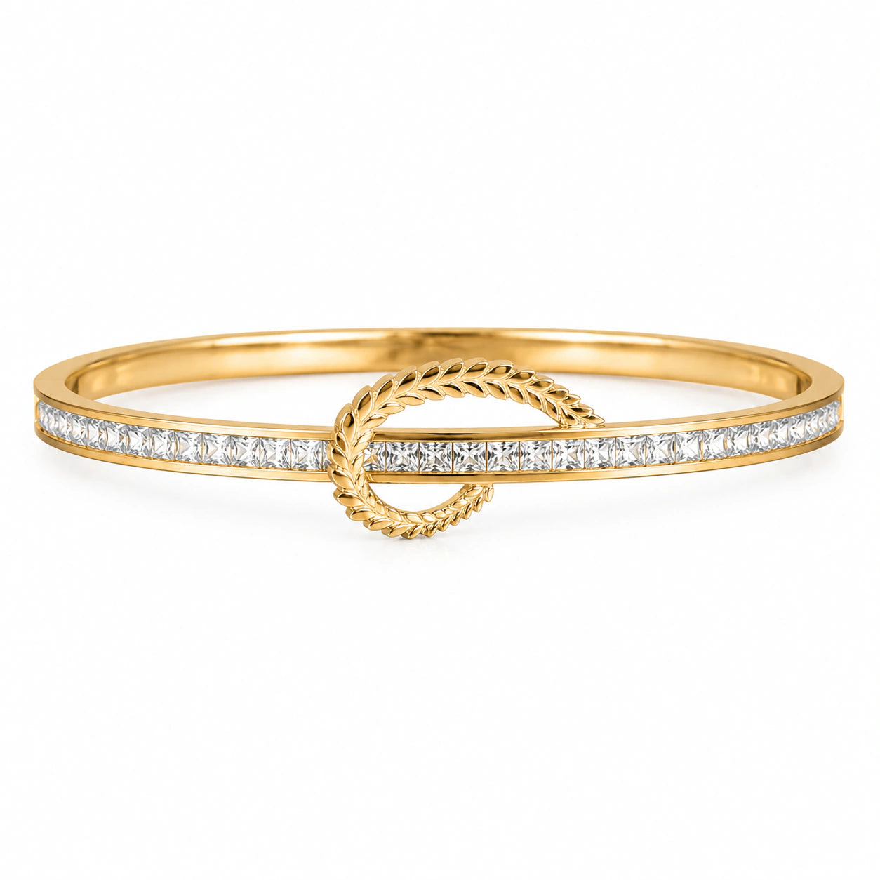 Gold-tone crystal leaf knot rigid kada bracelet
