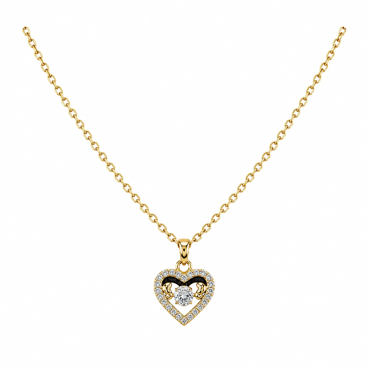 Angled view of the gold crystal open-heart pendant necklace