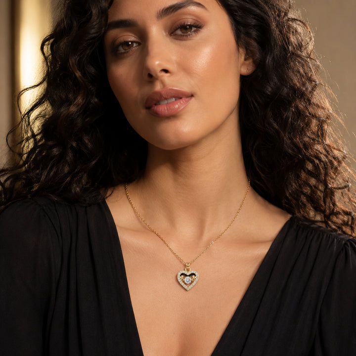 Korean-style gold crystal halo open-heart pendant necklace