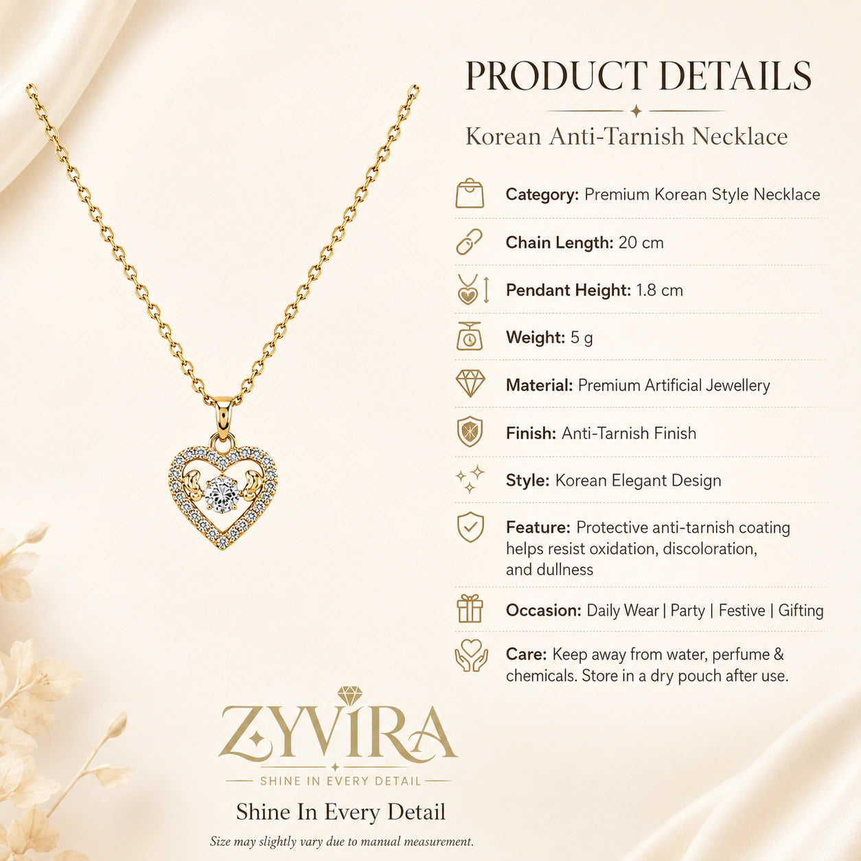 Product details card for the gold crystal open-heart necklace
