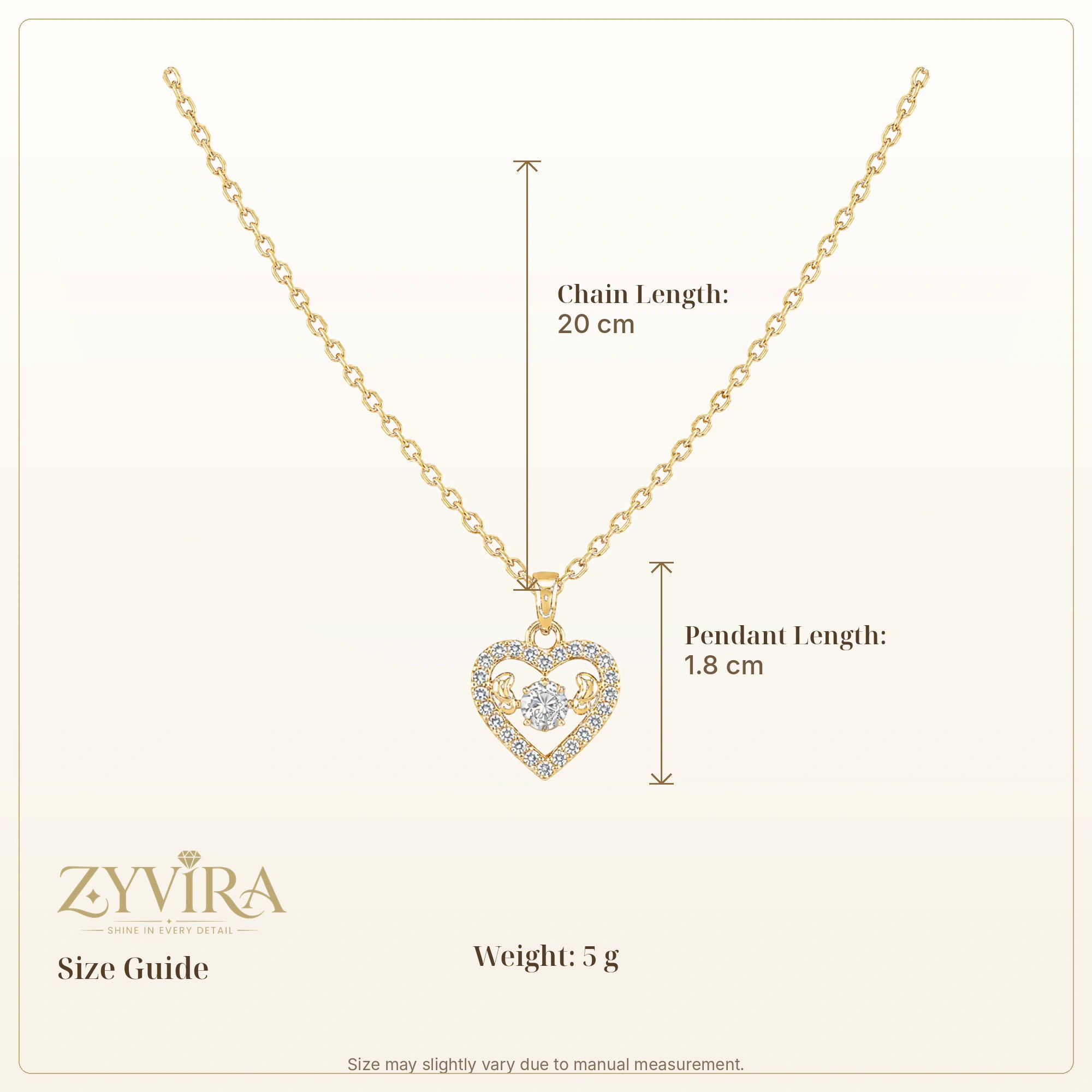 Size guide showing the proportions of the open-heart pendant necklace