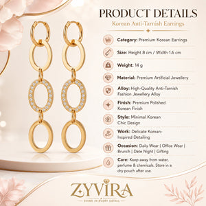 Product details card for gold crystal oval-link earrings