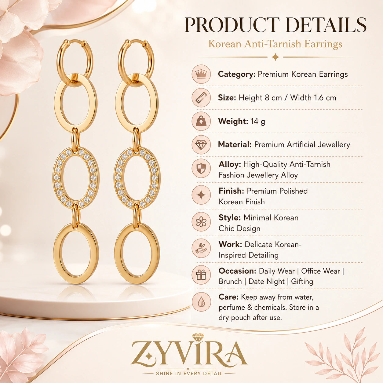 Product details card for gold crystal oval-link earrings