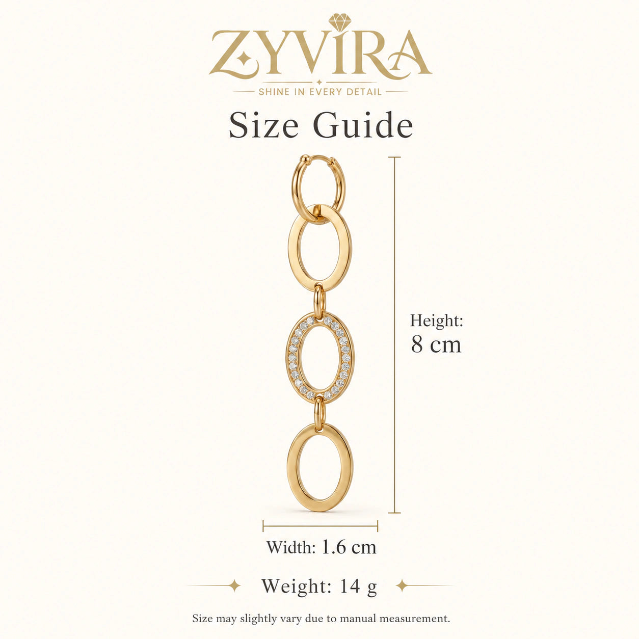 Size guide showing the proportions of oval-link statement earrings