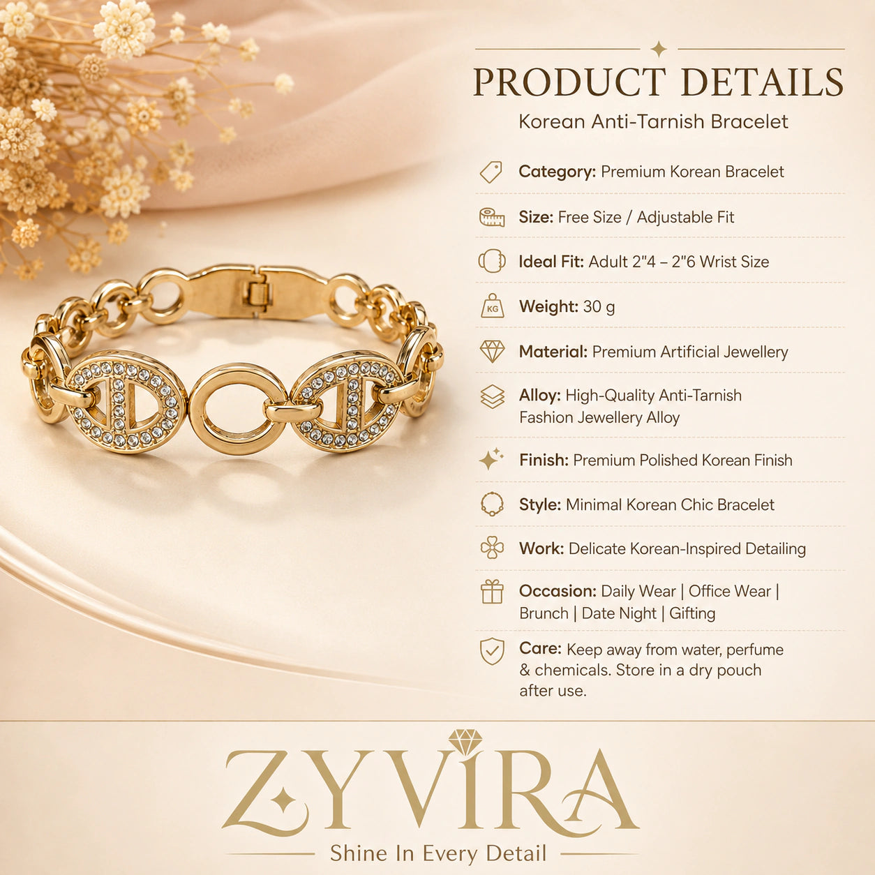 Gold oval-medallion bracelet styled in an elegant jewellery flat lay