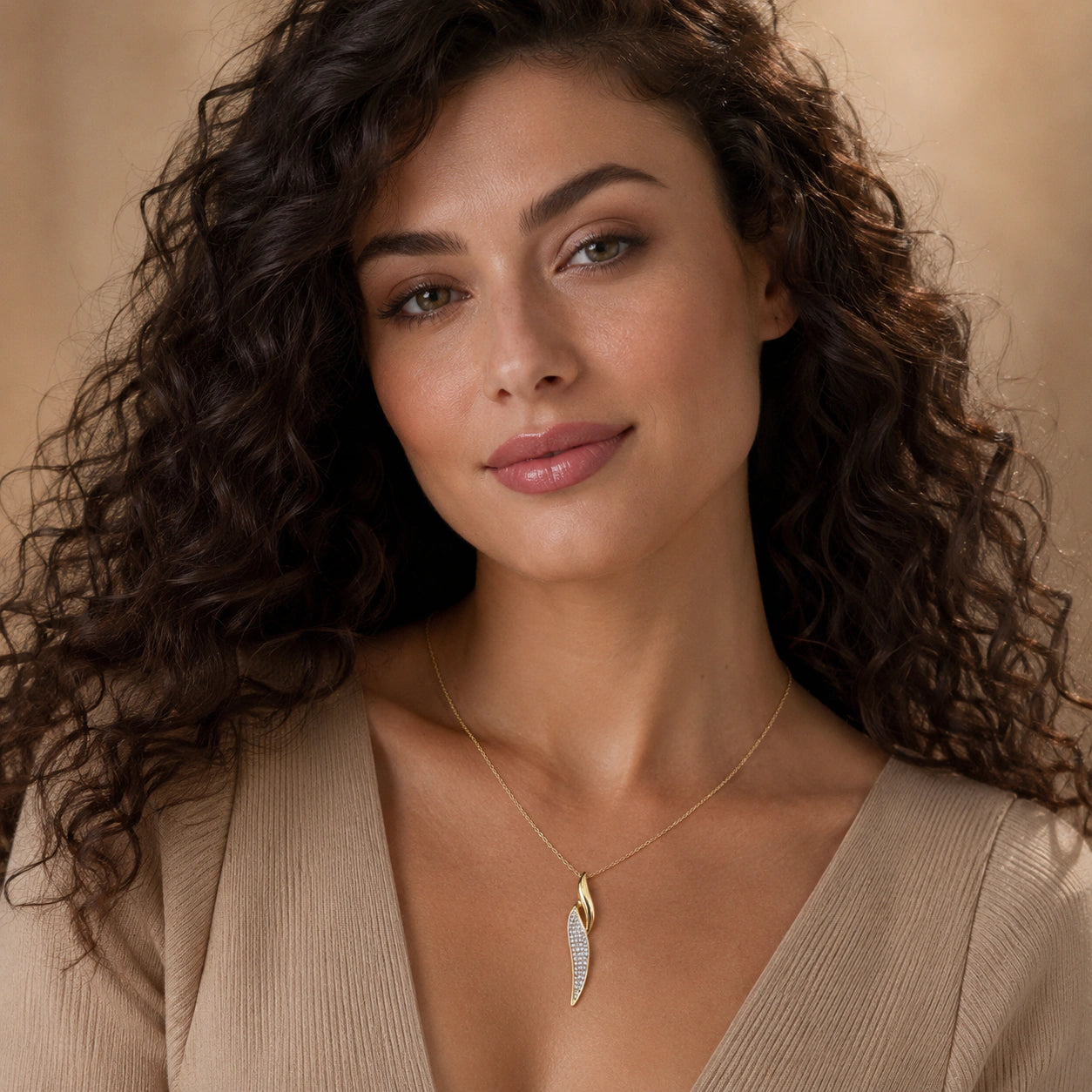 Close-up of the curved crystal-style twist pendant detailing