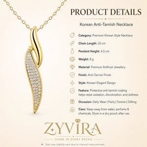 Product details card for the gold curved crystal twist necklace