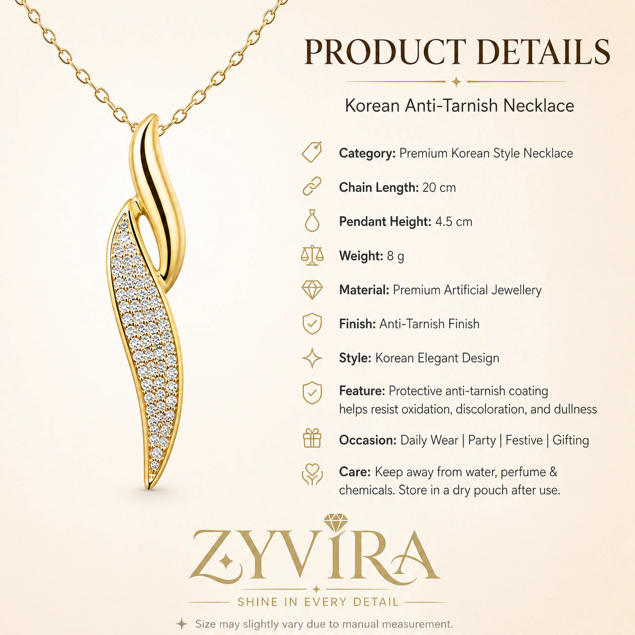 Product details card for the gold curved crystal twist necklace