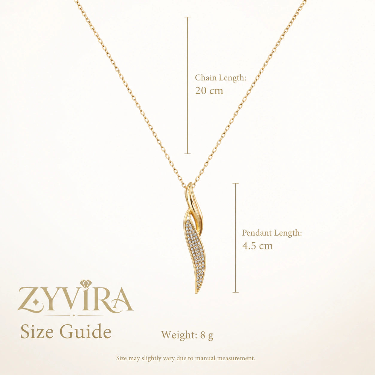 Size guide showing the proportions of the curved twist necklace