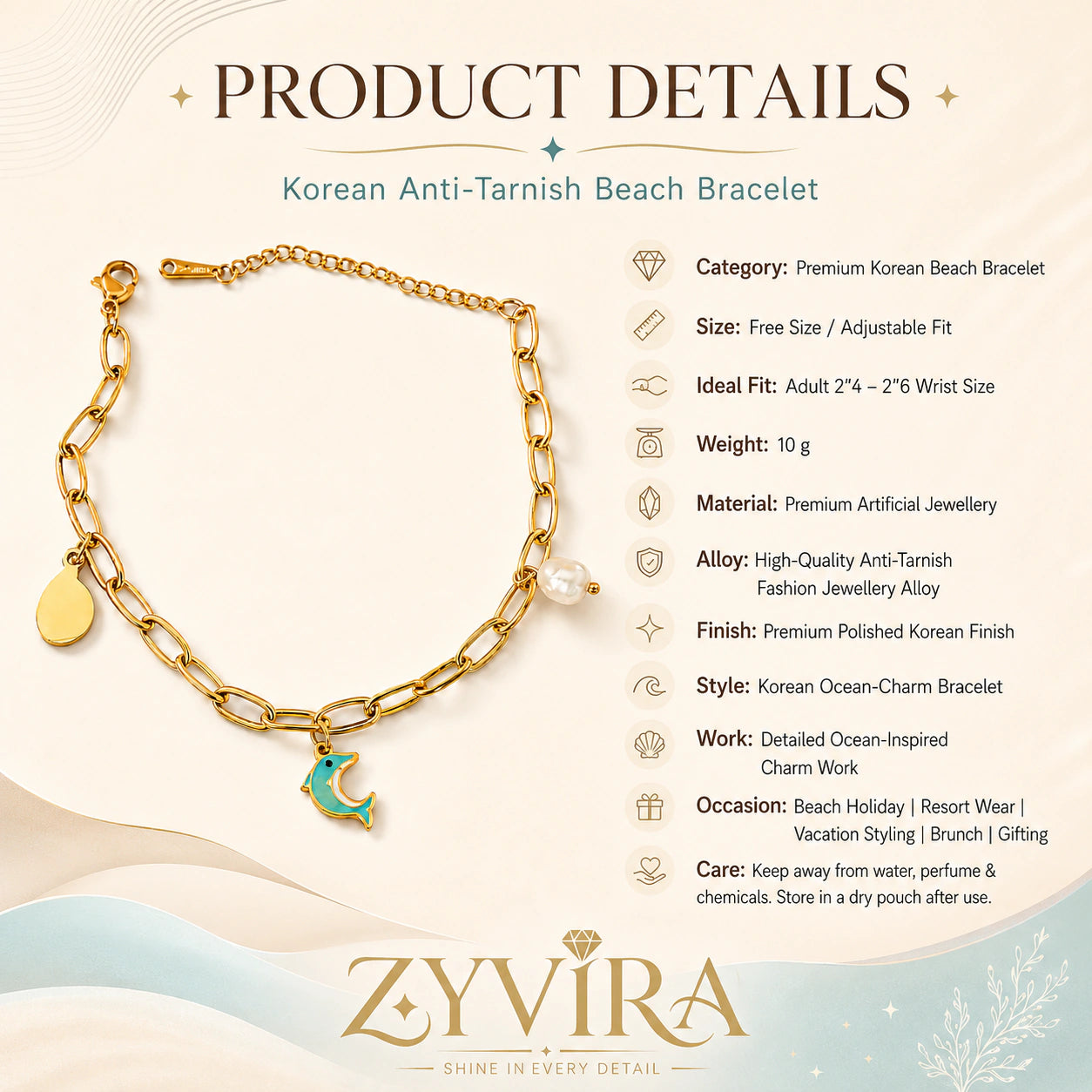 Open link view of the gold dolphin charm bracelet