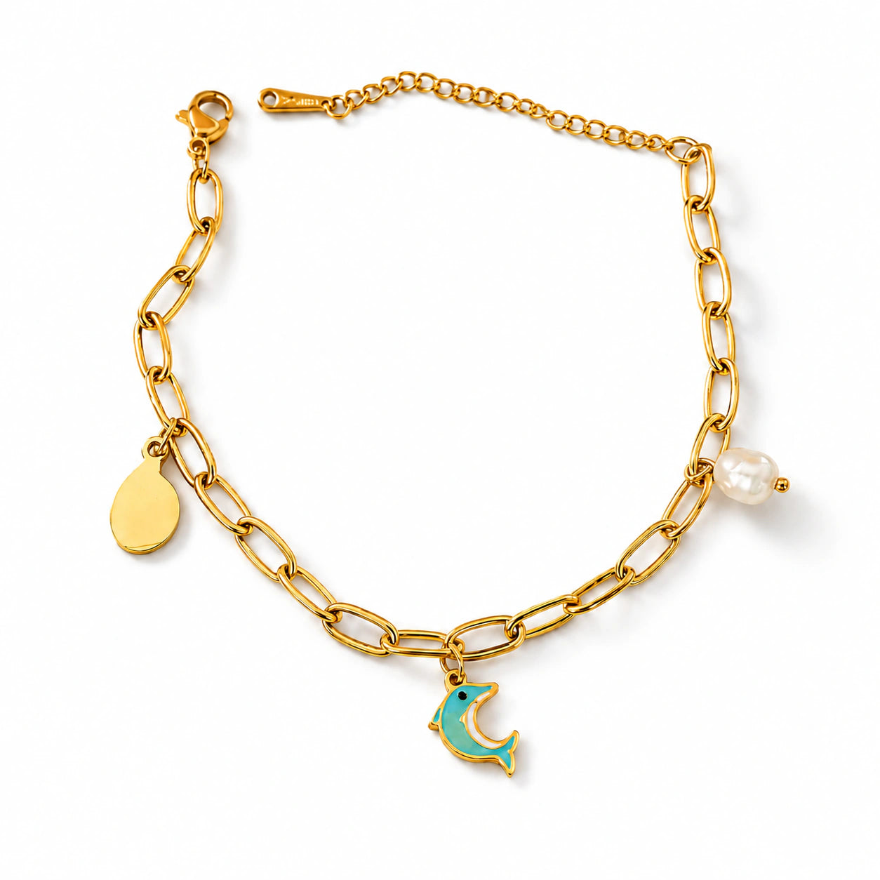Gold-tone dolphin pearl-style charm link bracelet