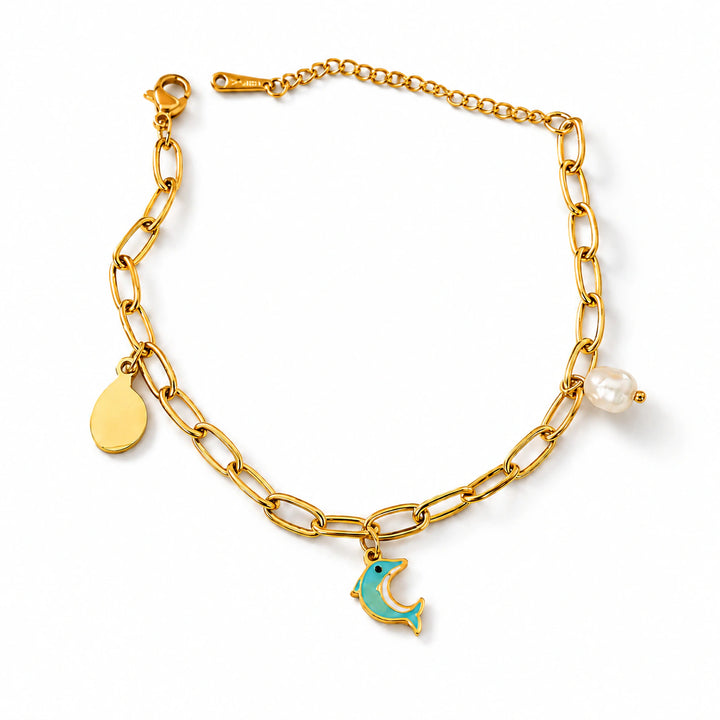 Gold-tone dolphin pearl-style charm link bracelet
