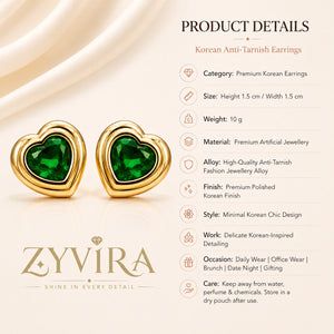 Product details card for gold emerald heart crystal studs