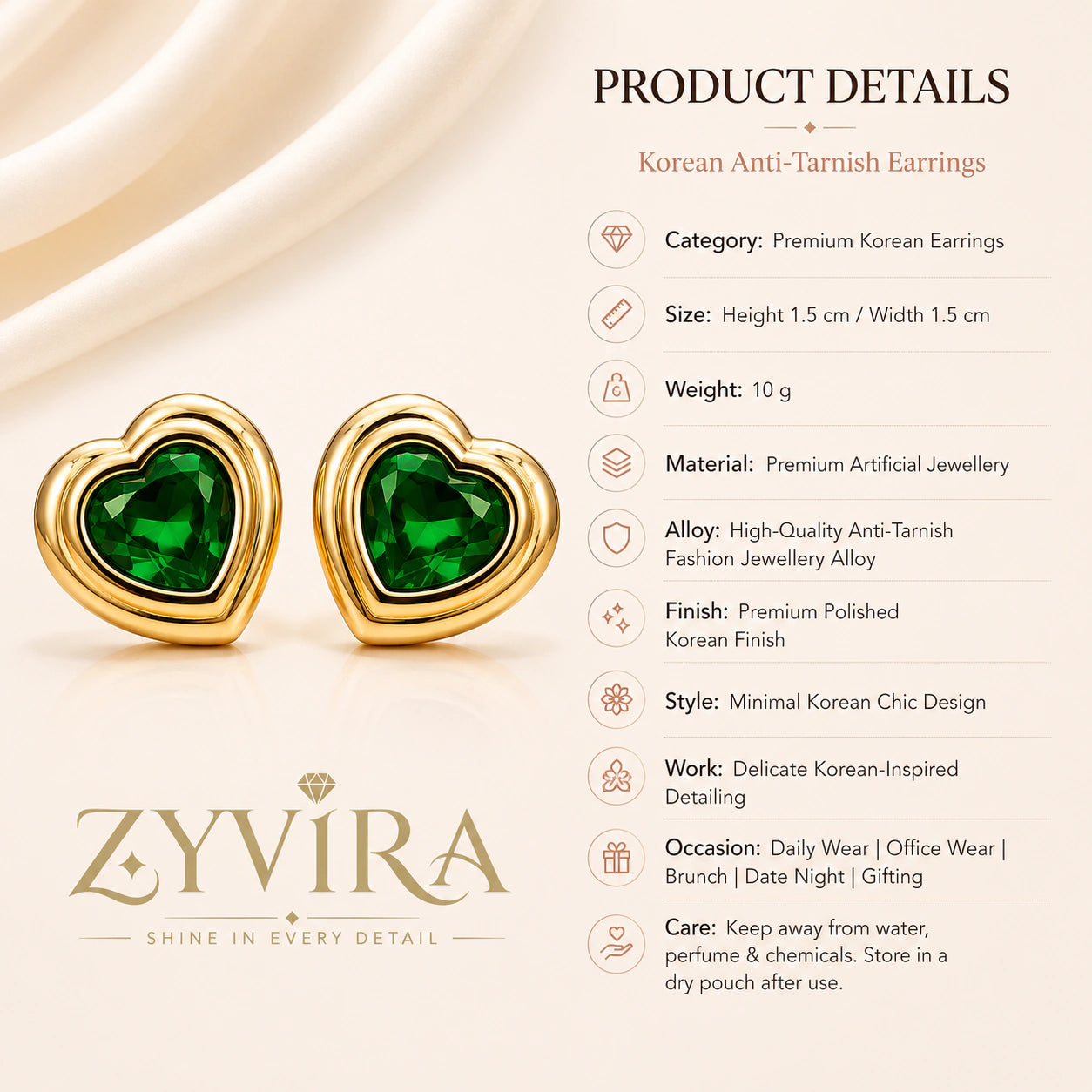 Product details card for gold emerald heart crystal studs