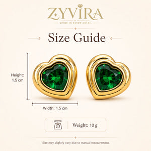Size guide showing the proportions of emerald heart stud earrings