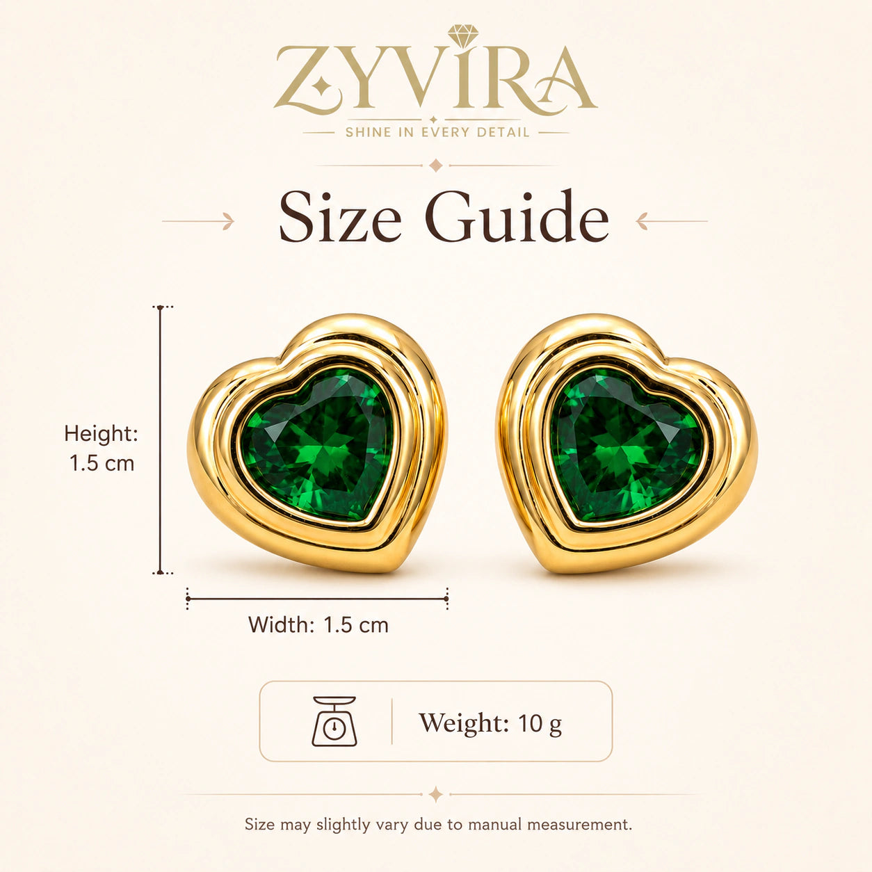 Size guide showing the proportions of emerald heart stud earrings