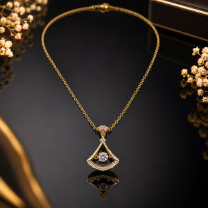 Alternate detail view of the gold fan-frame crystal pendant