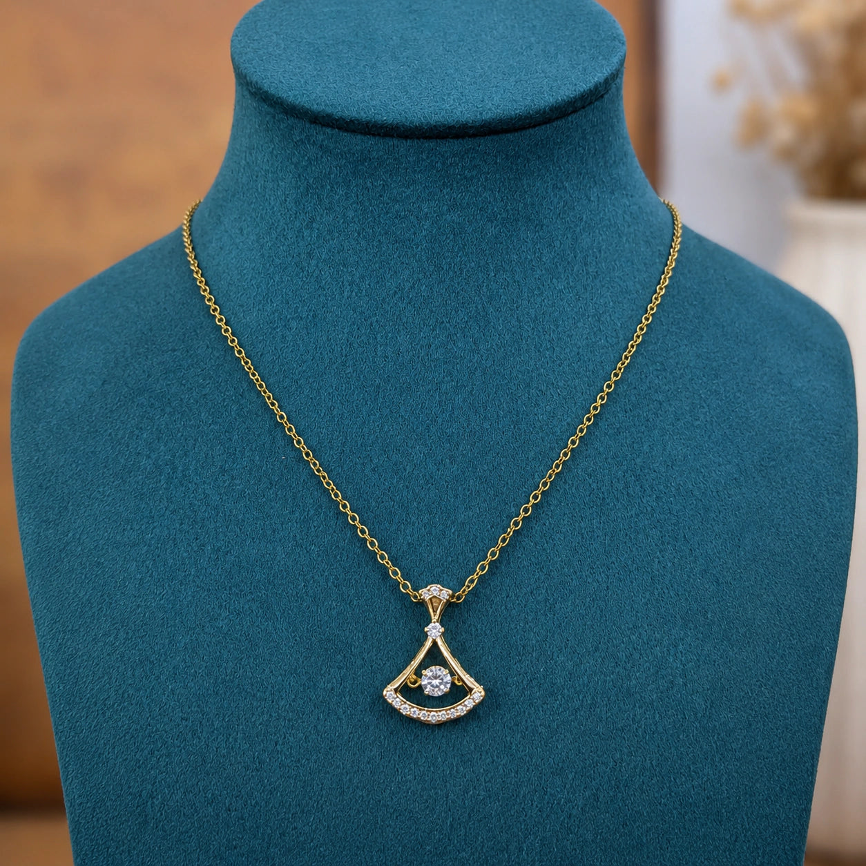 Alternate product view of the gold fan-frame crystal necklace