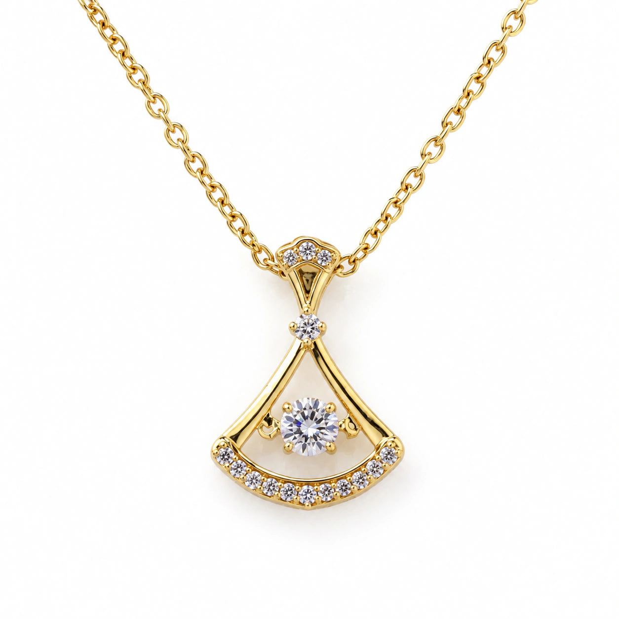 Korean-style gold fan-frame crystal pendant necklace