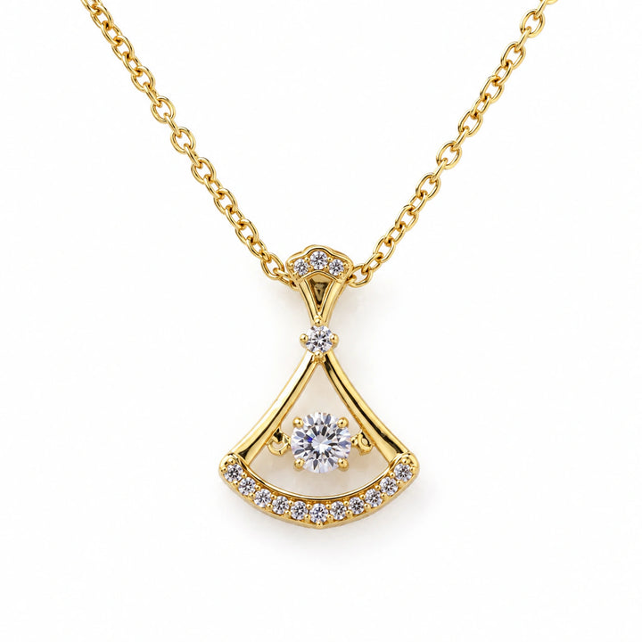 Korean-style gold fan-frame crystal pendant necklace