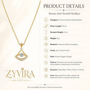 Product details card for the gold fan-frame crystal necklace