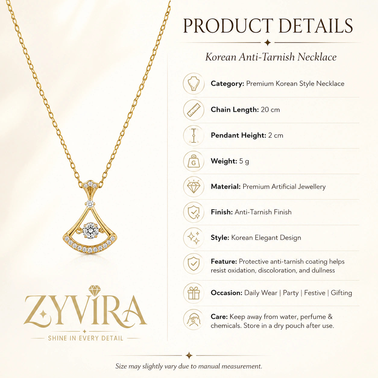 Product details card for the gold fan-frame crystal necklace