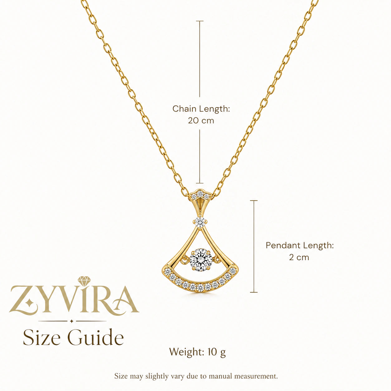 Size guide showing the proportions of the fan-frame necklace