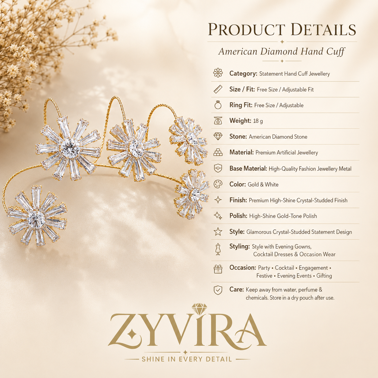 Gold five-starburst handcuff styled in an elegant jewellery flat lay