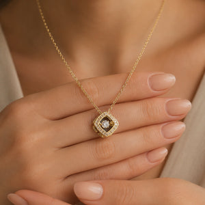 Alternate detail view of the gold floating crystal halo pendant
