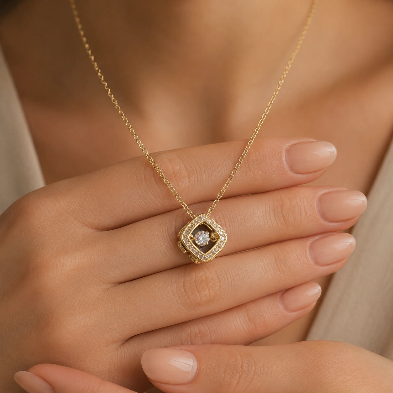 Alternate detail view of the gold floating crystal halo pendant