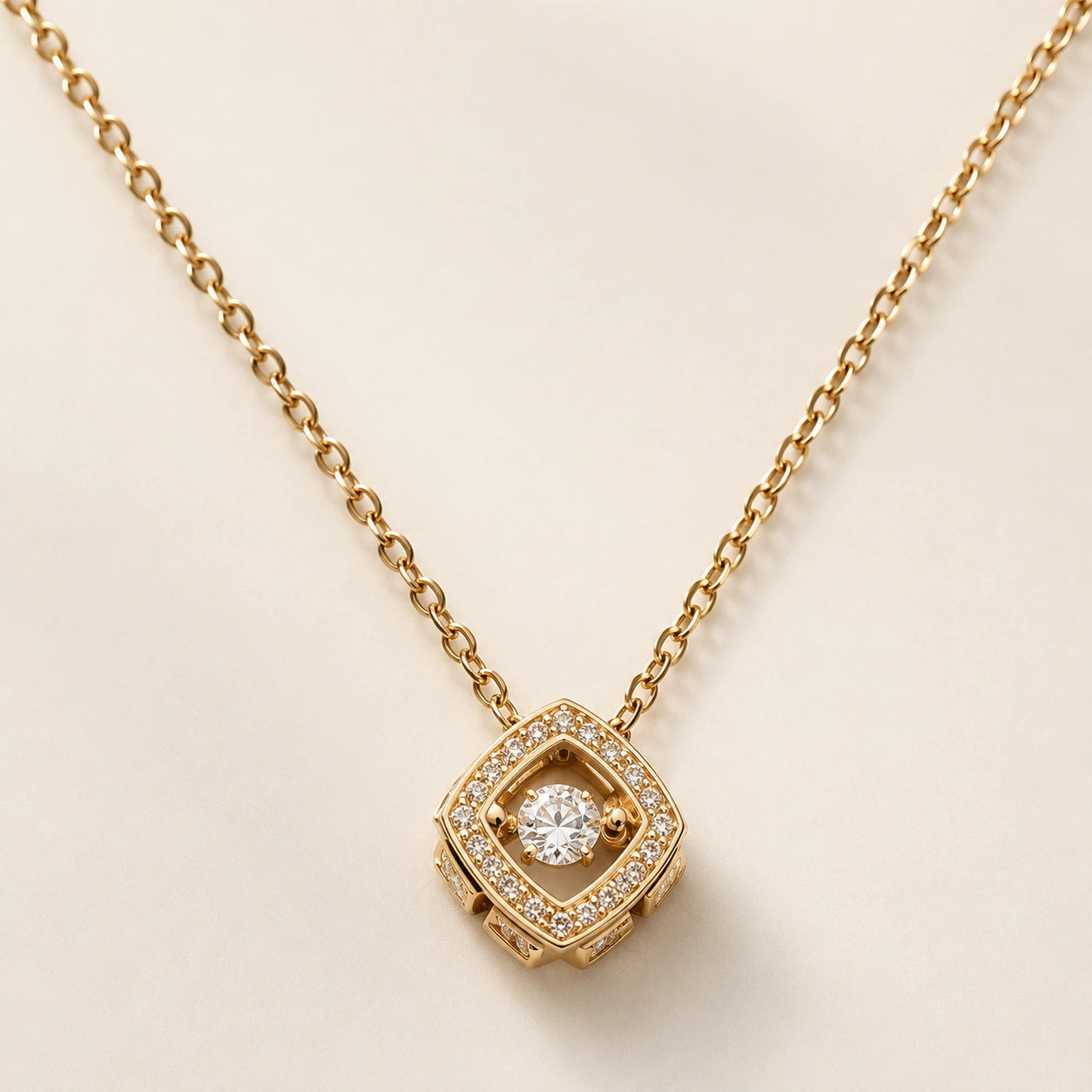 Angled view of the gold floating crystal halo necklace