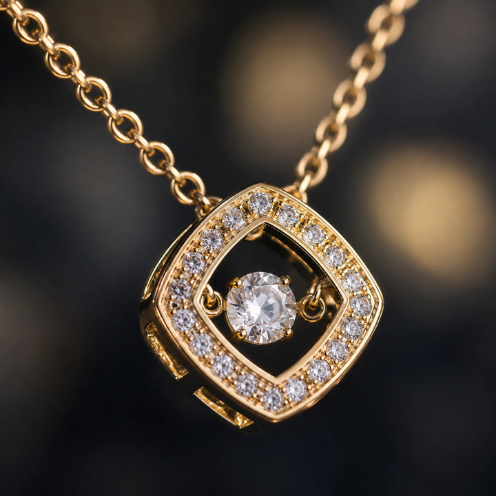 Gold floating crystal halo necklace on a dark jewellery studio display