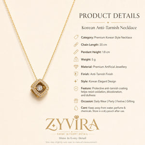 Product details card for the gold floating crystal halo necklace