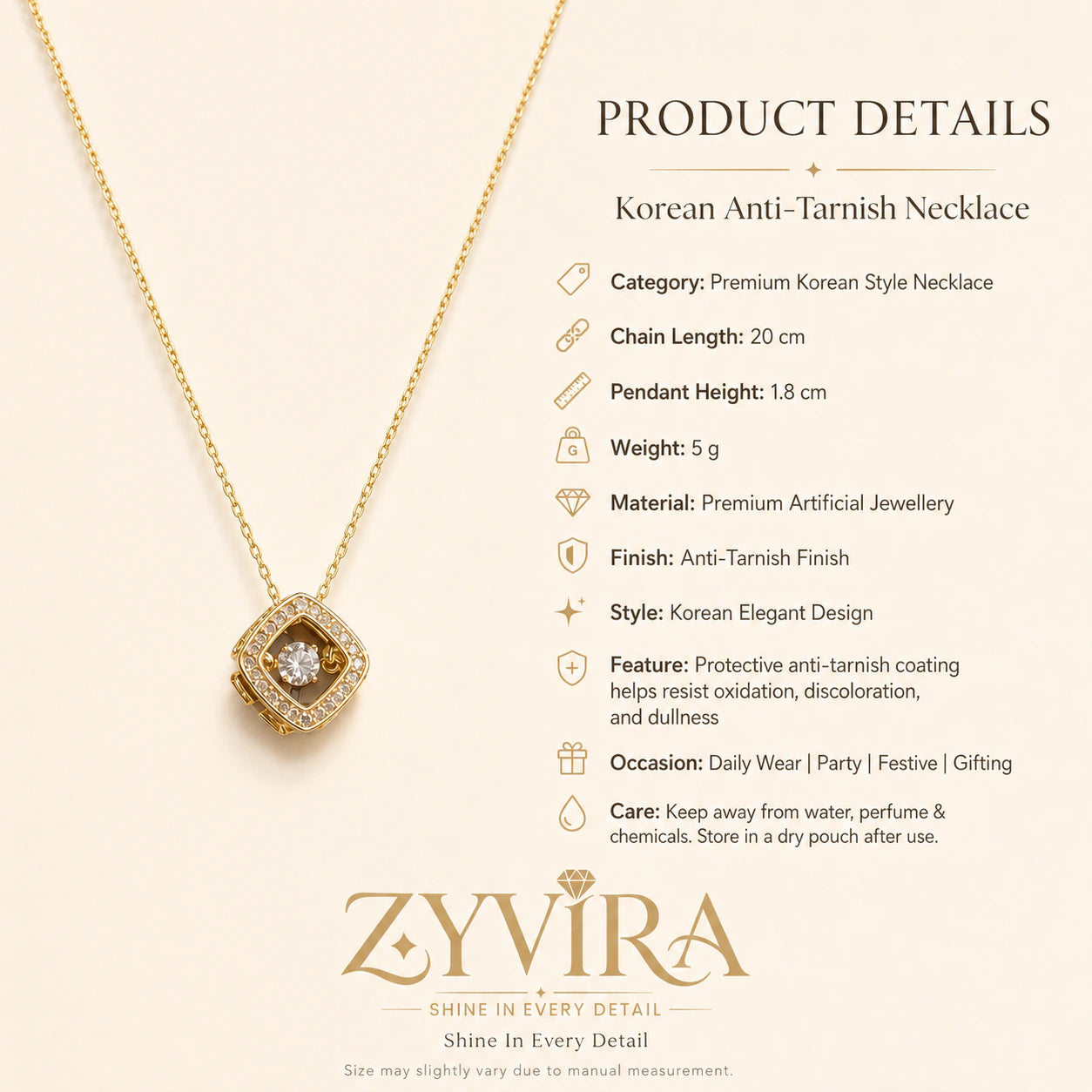 Product details card for the gold floating crystal halo necklace