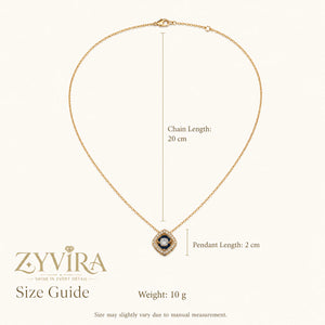 Size guide showing the proportions of the floating crystal necklace