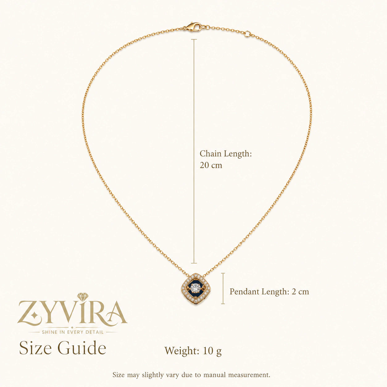 Size guide showing the proportions of the floating crystal necklace