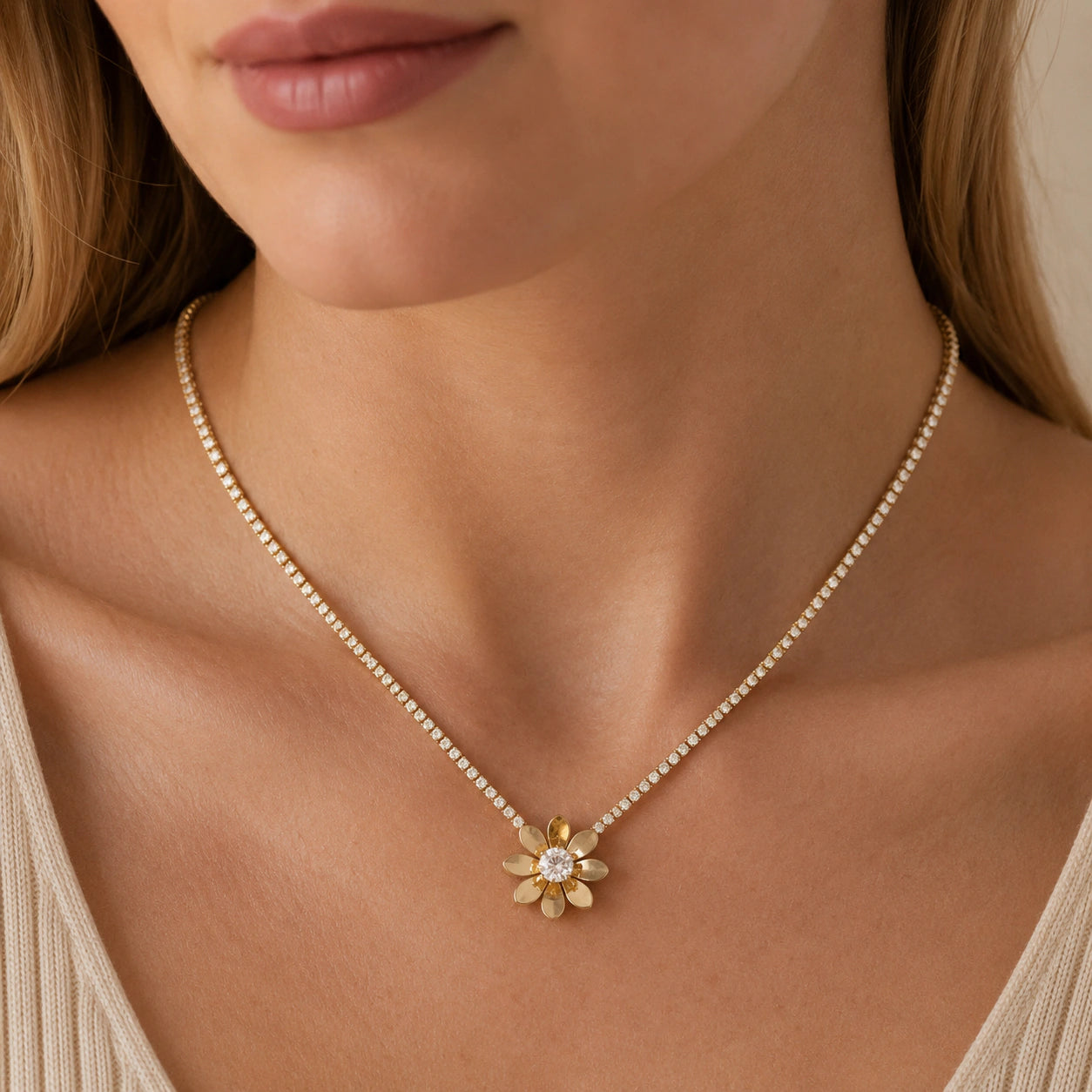 Alternate product view of the gold floral stone-chain necklace