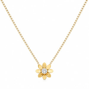 Close-up of the floral crystal pendant and stone-chain detailing