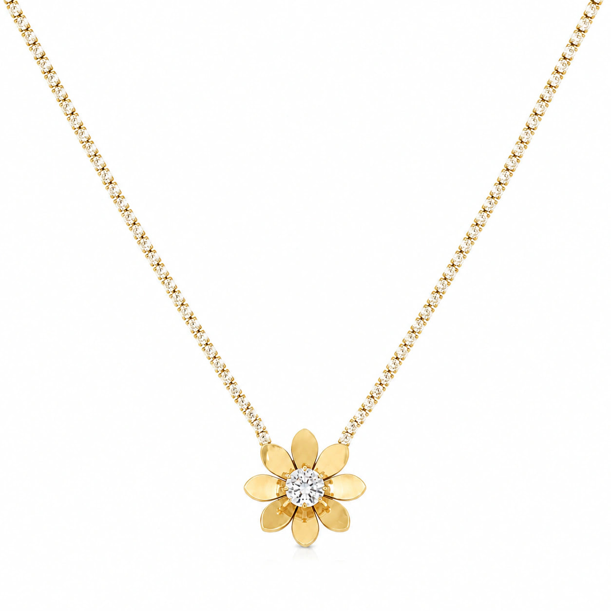 Close-up of the floral crystal pendant and stone-chain detailing