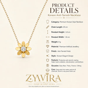 Product details card for the gold floral crystal stone-chain necklace