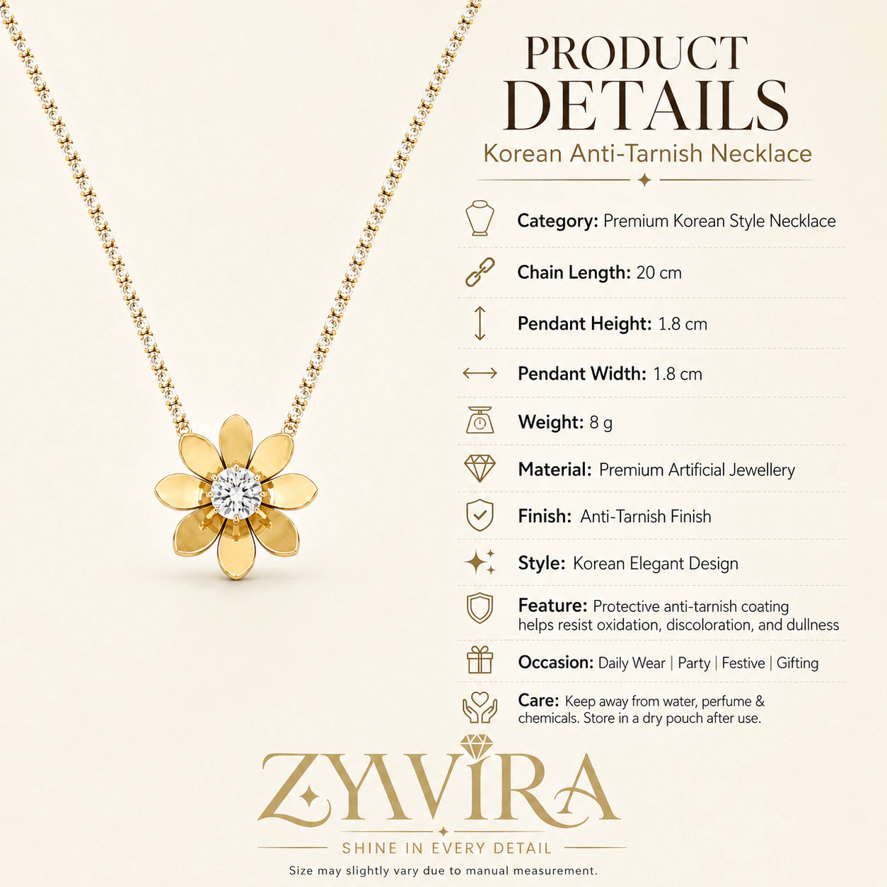 Product details card for the gold floral crystal stone-chain necklace