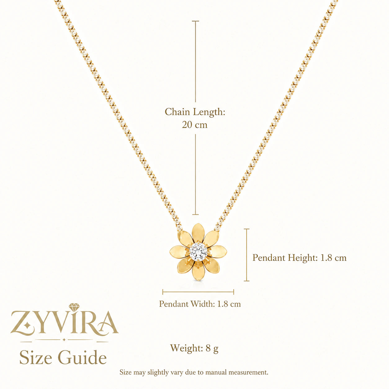 Size guide showing the proportions of the floral stone-chain necklace