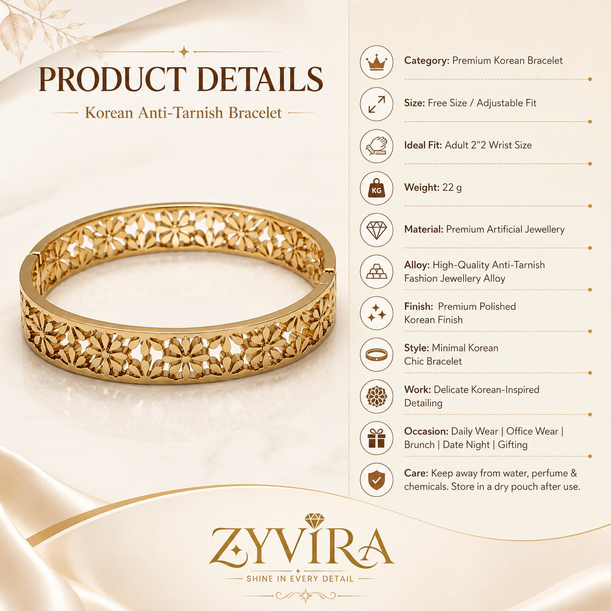 Gold floral openwork kada styled in an elegant jewellery flat lay